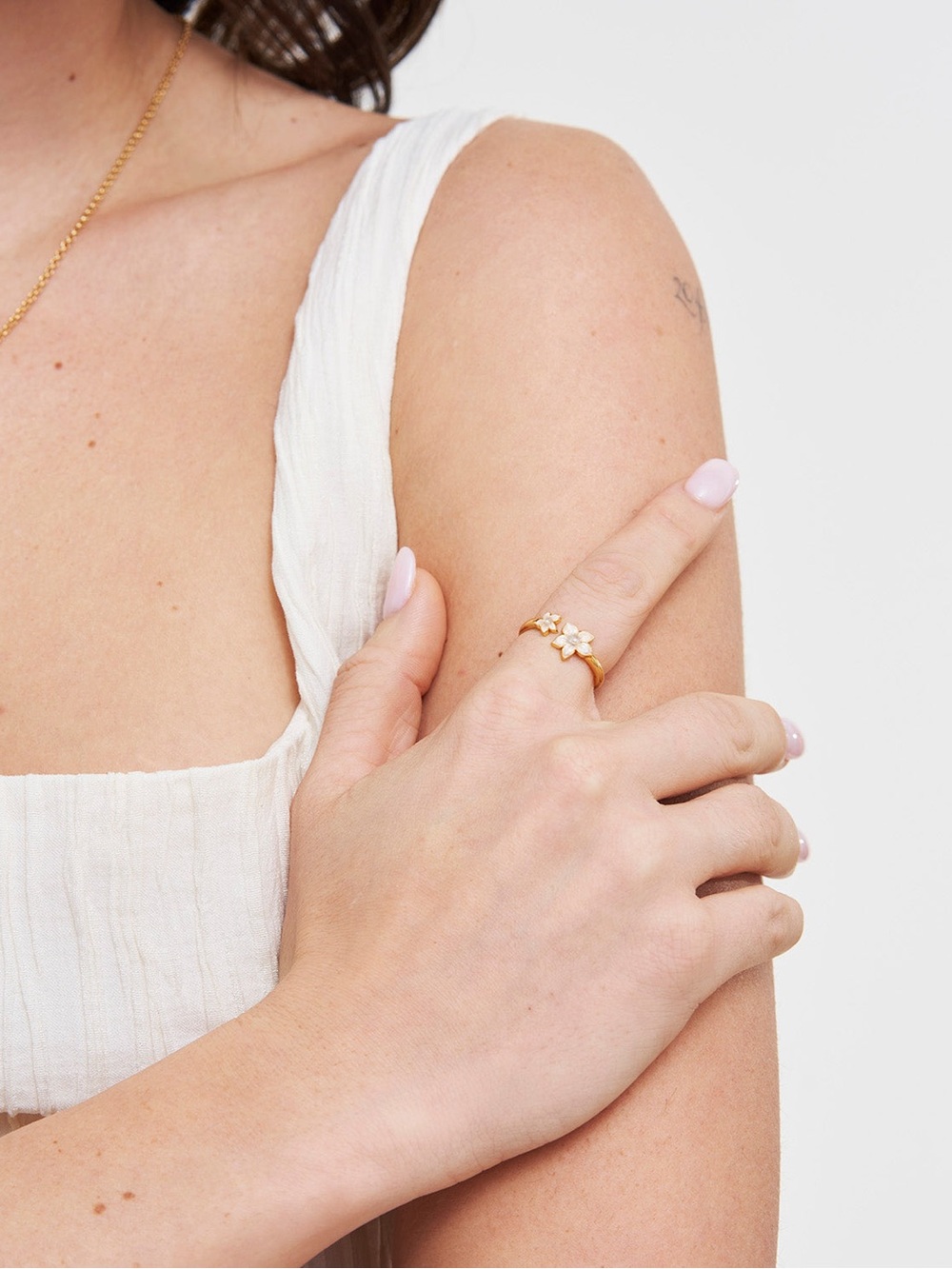 Gold Jasmine & Pearl Adjustable Ring by Fable England